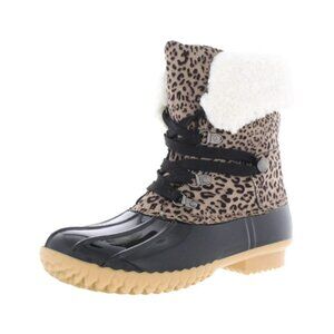 DV By Dolce Vita Ulito Faux Fur Duck Boots Sz 5.5 Brown Leopard Print Lace Up